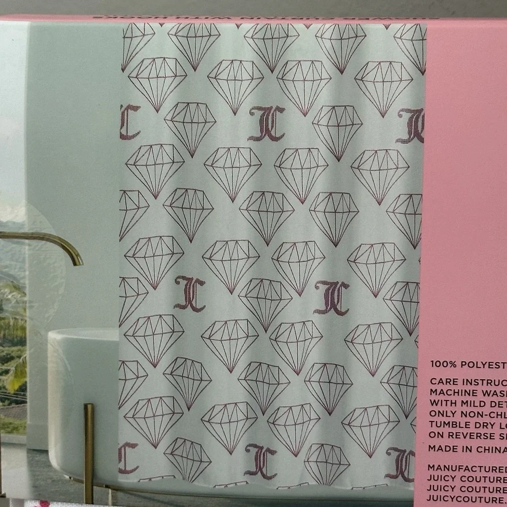 New Juicy Couture White Pink Diamonds JC Fabric Shower Curtain Hooks Set 70x72